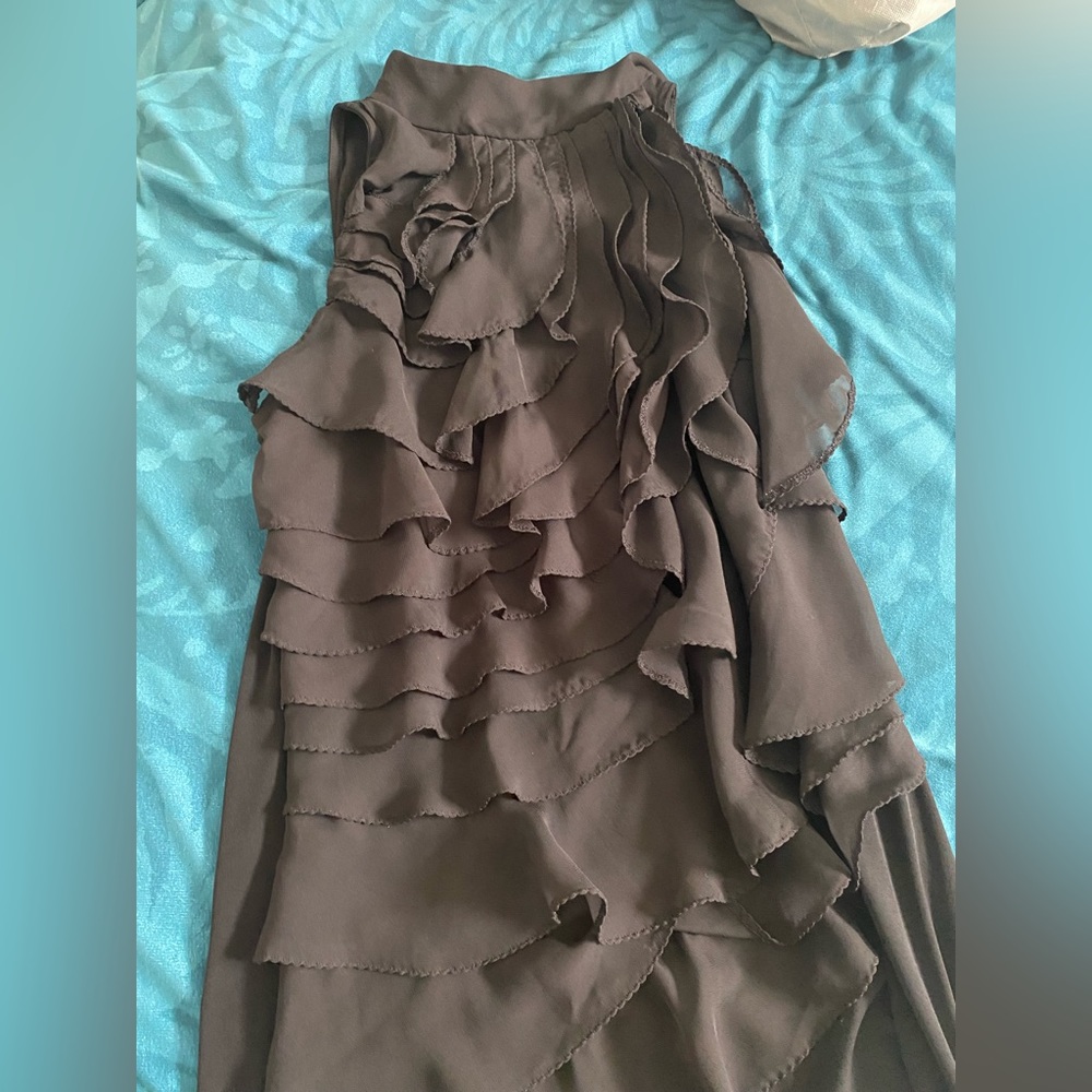 high neck black ruffle dress